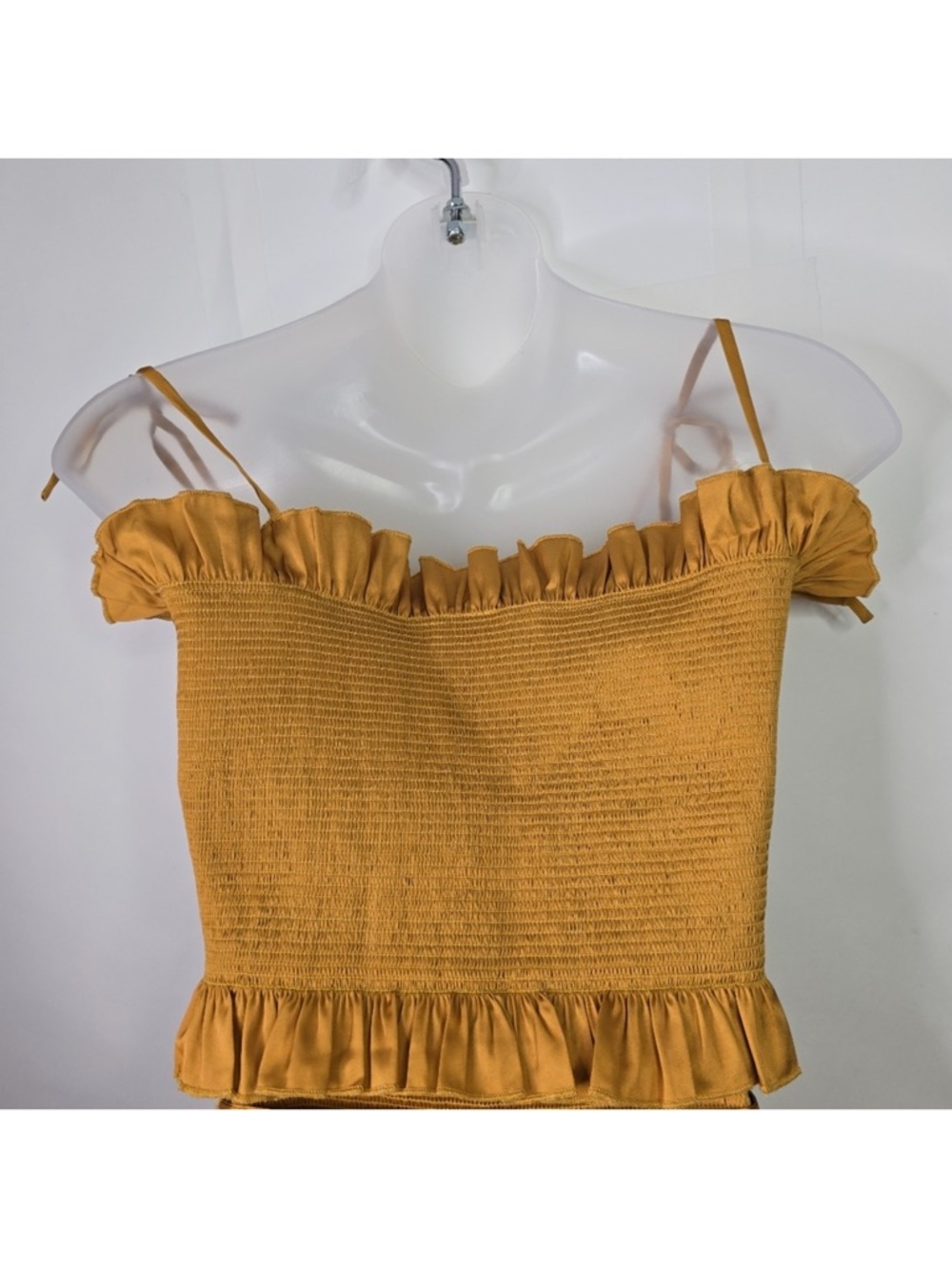 V. Chapman Lily Ruched & Ruffled Stretch Satin Midi Dress Mustard - Picture 3 of 9